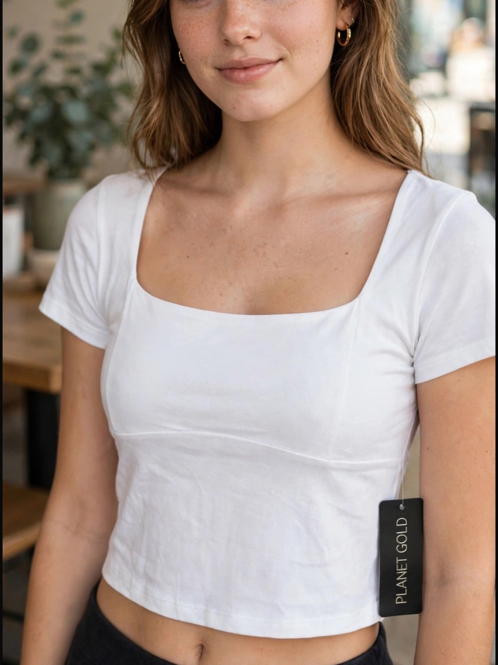 Planet Gold White Square Neck Short Sleeve Tee
